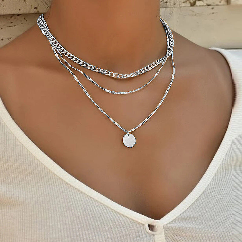 Women's Multilayer Necklace Ins Fashion Disc Pendant Clavicle Necklace Chains Personality Jewelry