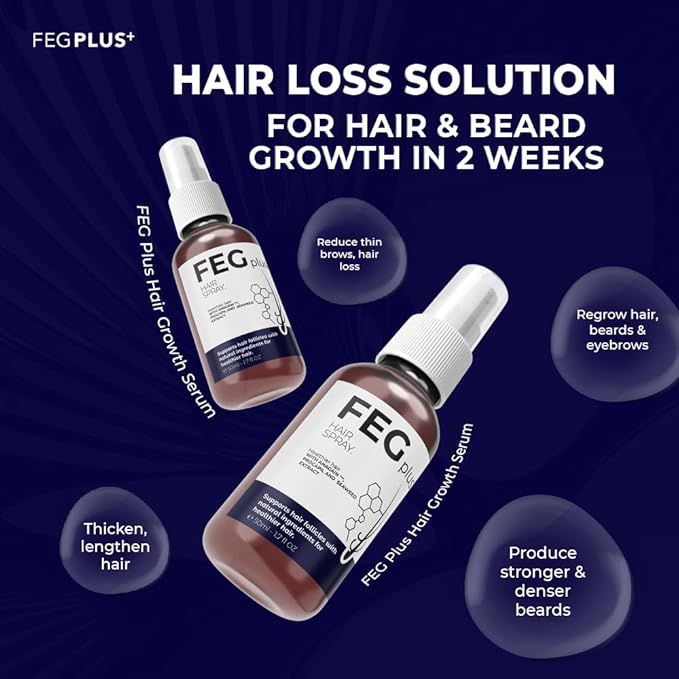 FEG Hair Growth Spray PLUS/ Formulated with 5% Minoxidil, our hair growth spray serum is designed to help stimulate hair follicles for faster, thicker hair growth.