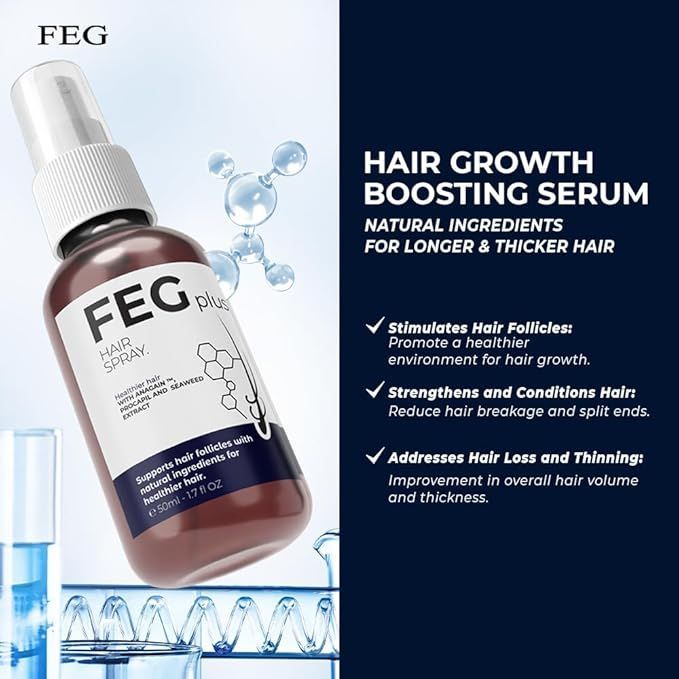 FEG Hair Growth Spray PLUS/ Formulated with 5% Minoxidil, our hair growth spray serum is designed to help stimulate hair follicles for faster, thicker hair growth.